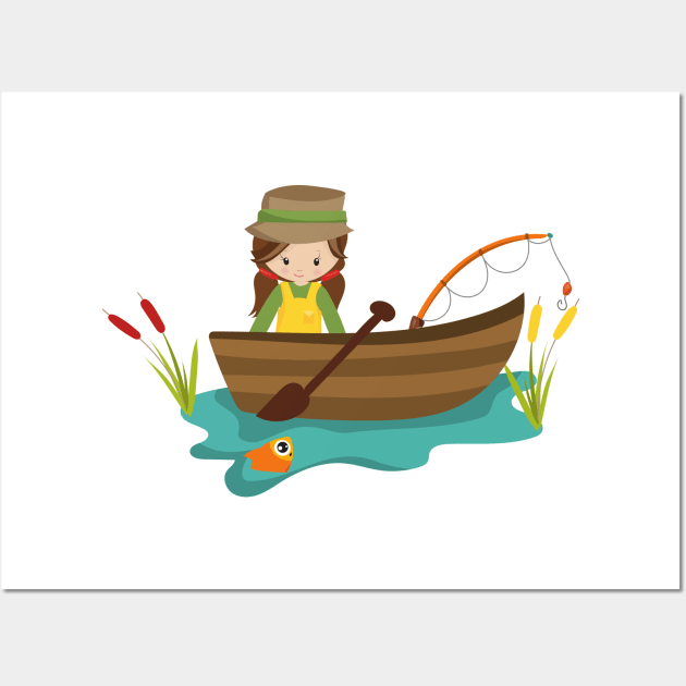 Fishing Girl, Fishing Rod, Fisherman, Brown Hair Wall Art by Jelena Dunčević